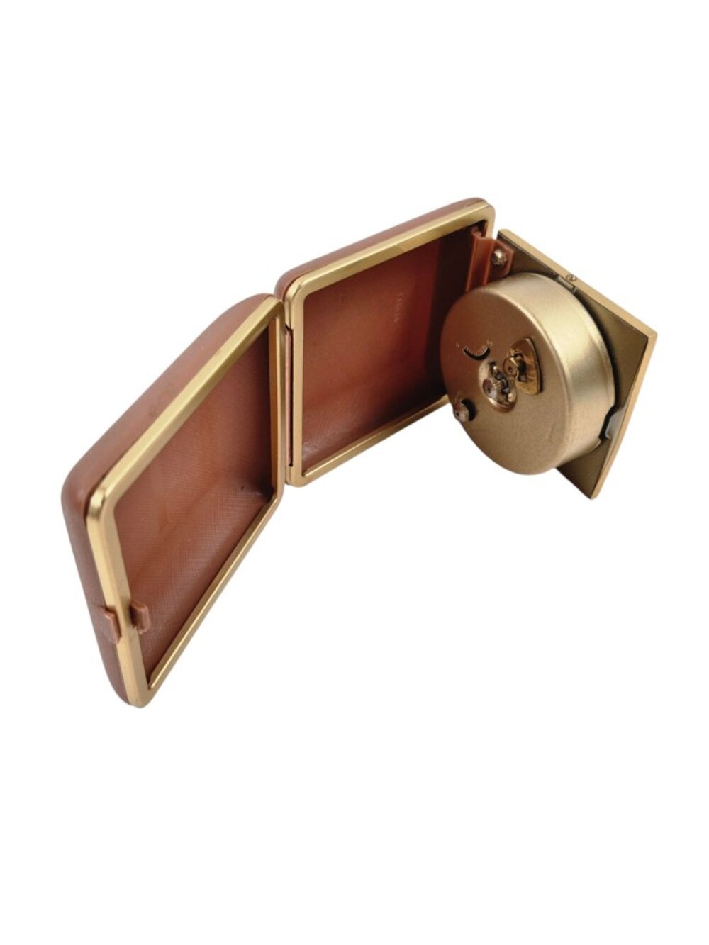 Seth Thomas Travel Alarm Clock Tan Clamshell Case Gold Trim Testes Working - Picture 9 of 10